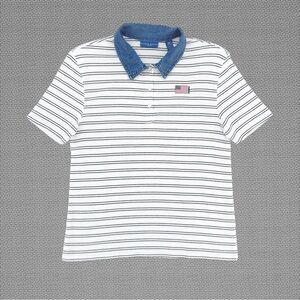 Vintage 00s Karen Scott Sport B&W Stripe Denim Collar Embroidered USA Polo Shirt